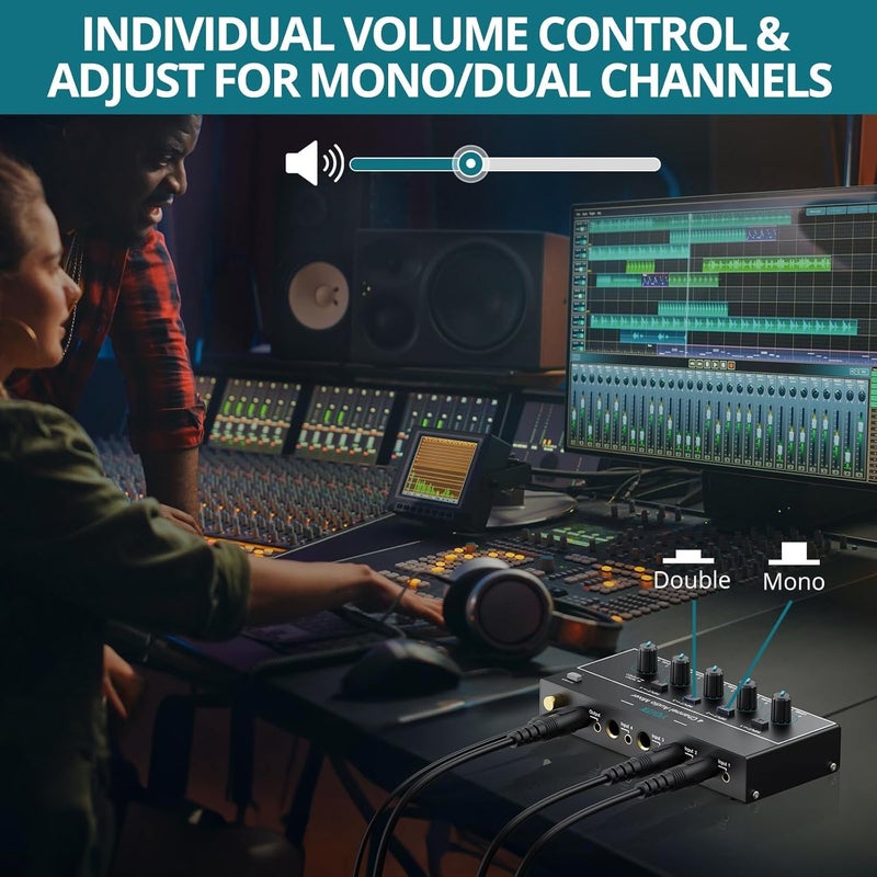 YGiTK Mini Audio Mixer, 4 Channel Stereo Line Mixer 1/4" & 1/8" TSR Audio Output Input Jack, Line Mixer Stereo/Mono Independent Control and Switch for Guitars,Bass,Keyboards, Dynamic Microphone - Image 3